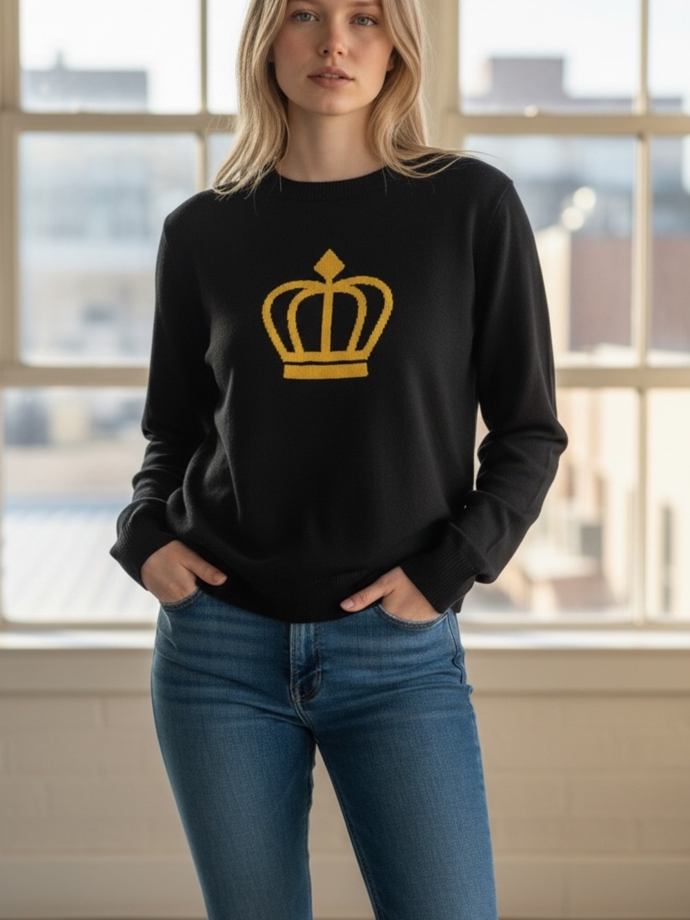 Studio Park Alberti Popaj Black long sleeve sweater with yellow crown Women’s XL